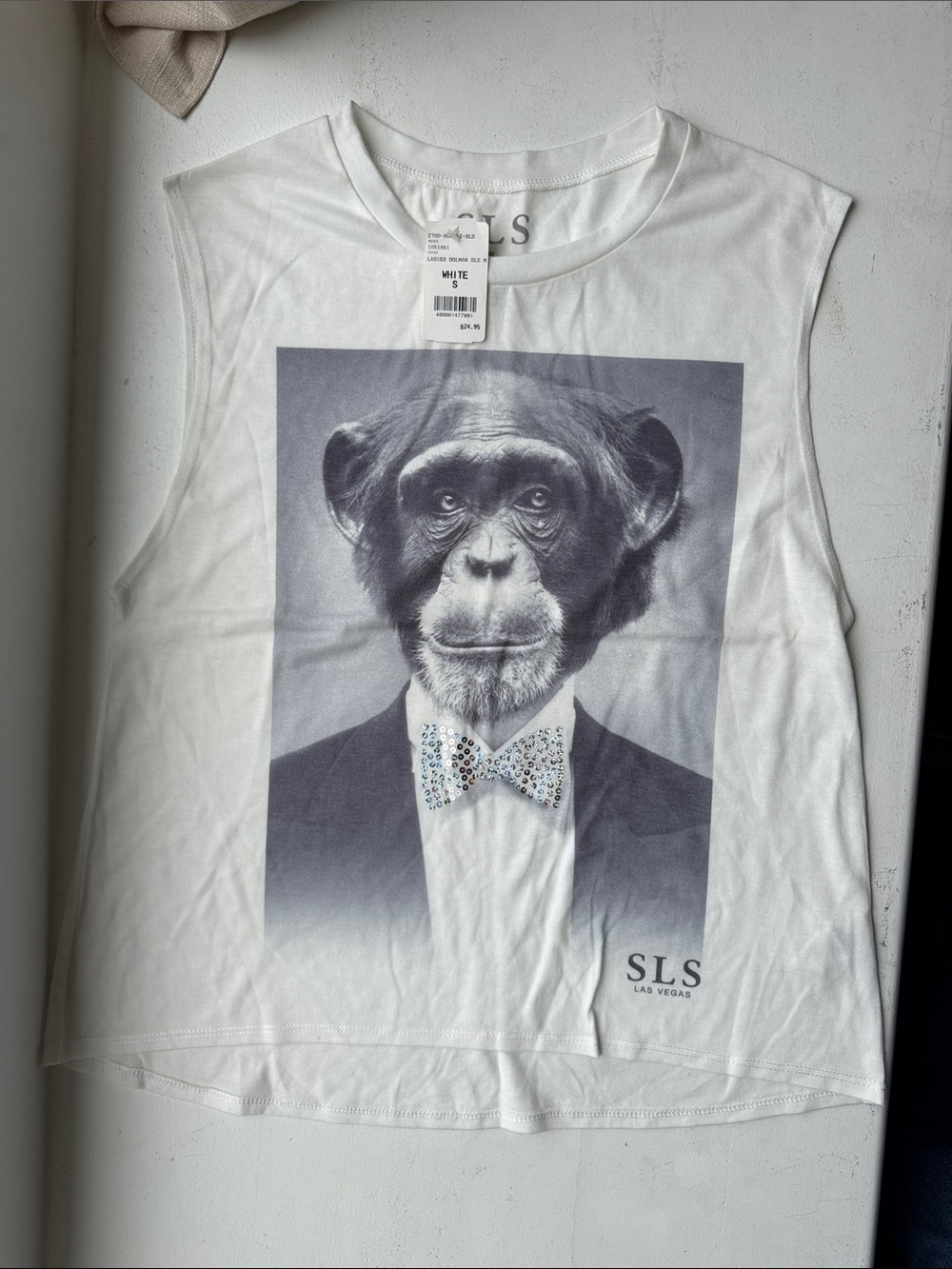 SLS Las Vegas White Graphic Tank Top with Monkey Print Womens Size S NWT